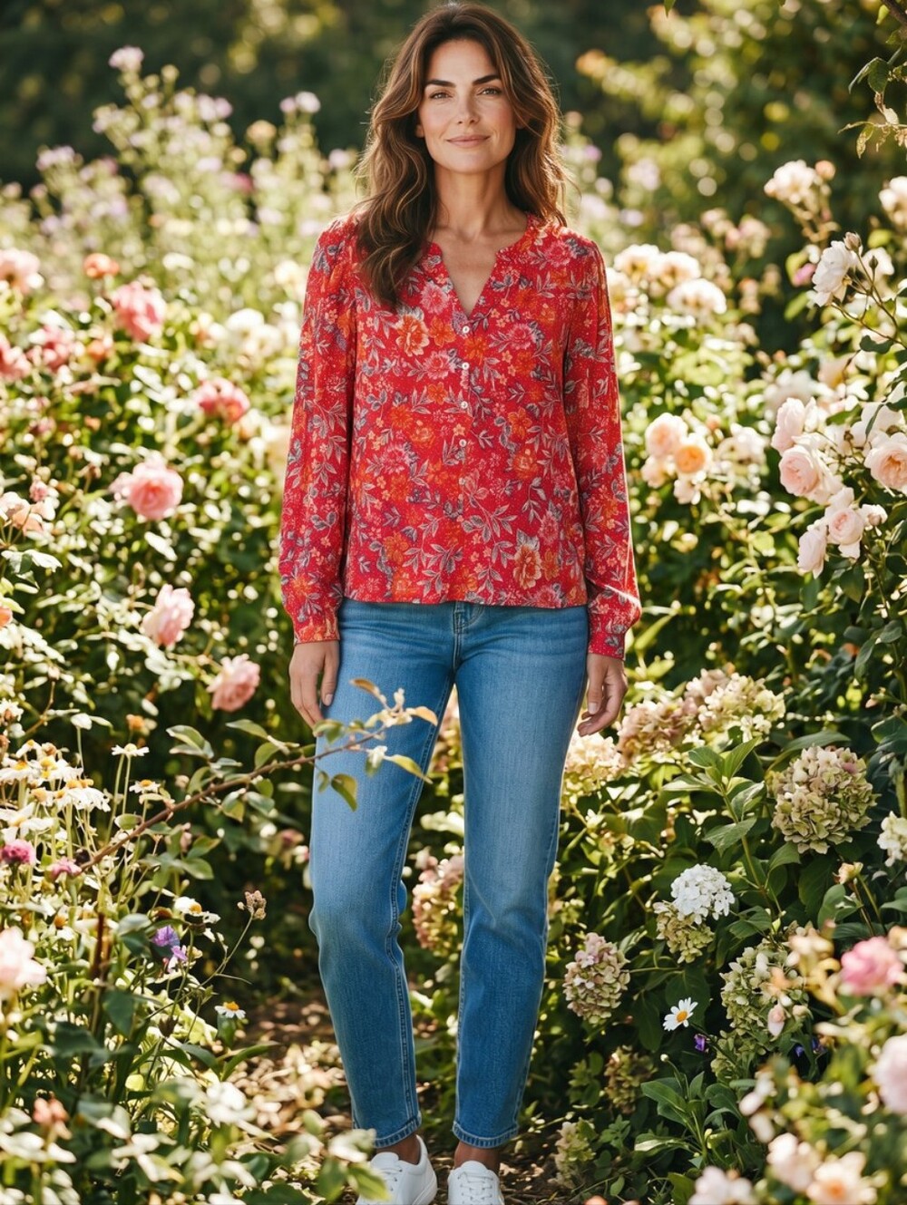 Bright Red Floral V-Neck Blouse